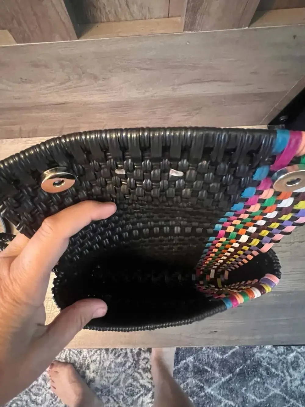 Maria Victoria Handwoven Plastic Woven Wristlet Purse Black Multicolor
